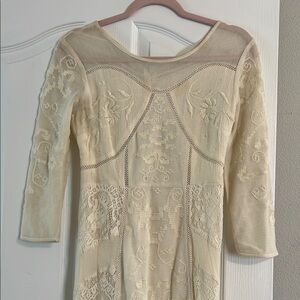 Cream Sheath Dress with Cuffed 3/4 Sleeves and Crew Neck